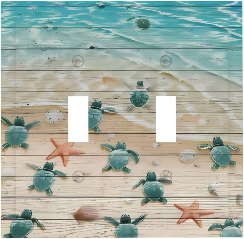 ranedula Turtle Beach Village Wood Double Toggle Light Switch Cover Decorative 2 Gang Wall Plate Electrical Faceplate for Bathroom Home Living Room Decor 5 x 4.9 In - Image 1